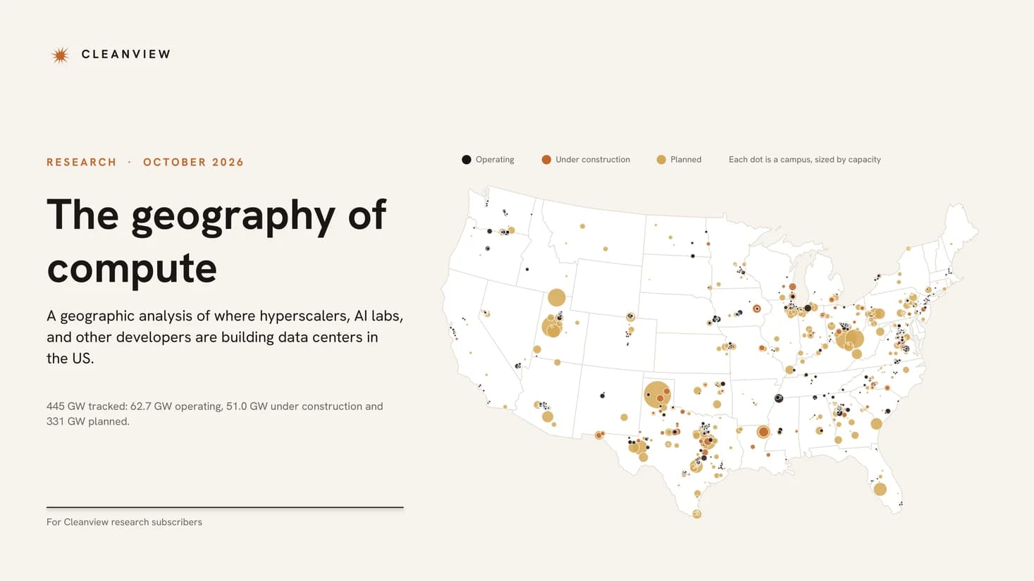 Cover of The Geography of Compute: a map of US data centers, each dot a campus sized by capacity